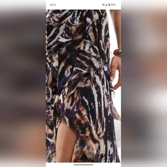 ASOS racer neckline ruffle maxi dress w hi low hem in abstract animal print - Picture 2 of 4